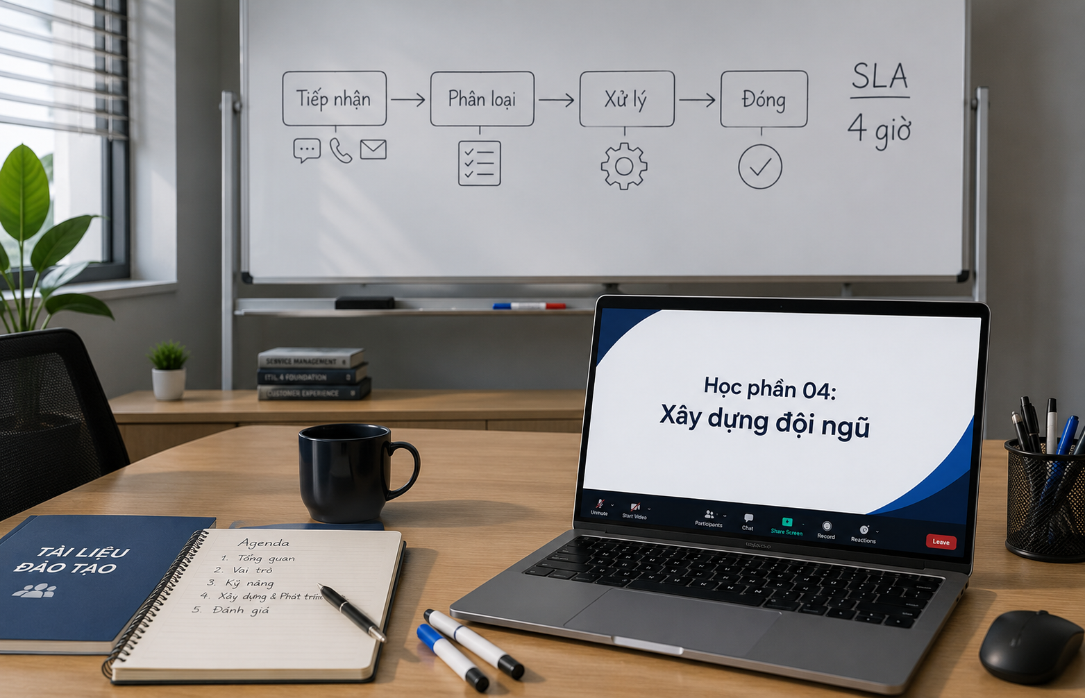 Không gian lớp học trực tuyến với bảng ghi chú quy trình hỗ trợ khách hàng